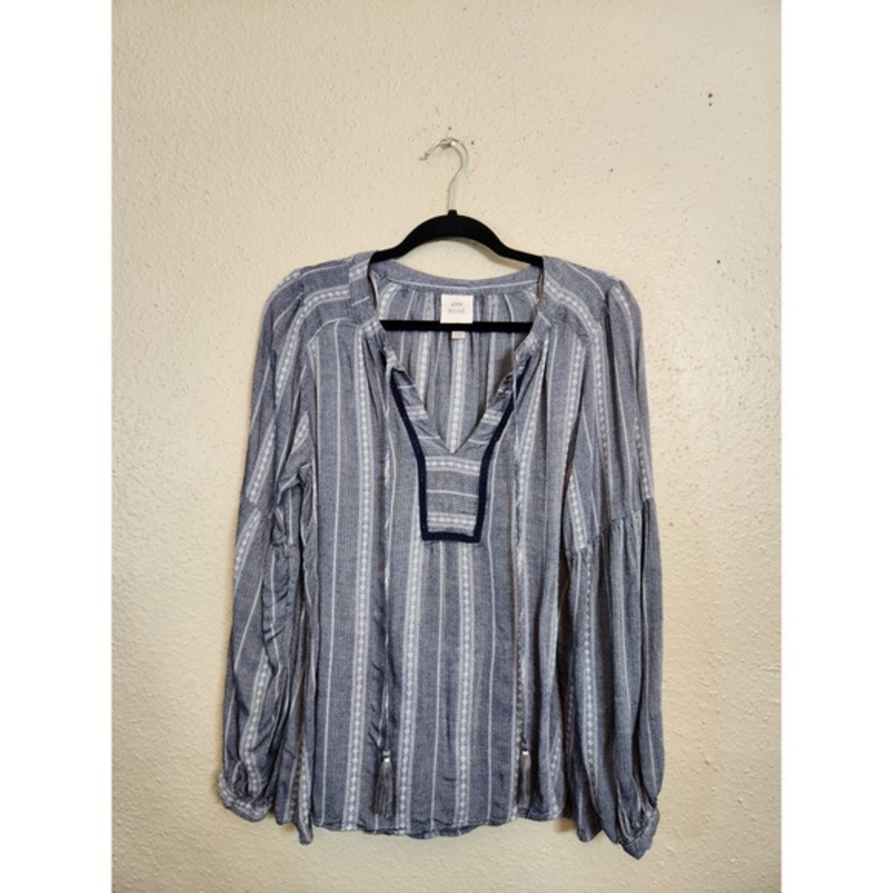 Knox Rose Women's Blue & Gray Striped Tie V-Neck Long Sleeve Tunic Top Size‎ L